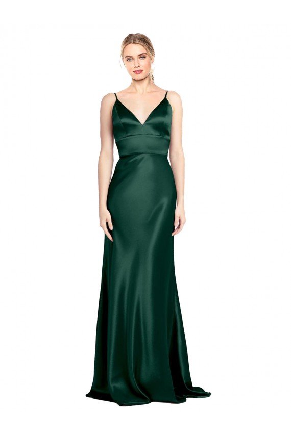 High V-Neck Long Full Length Sheath Stretch Satin Formal Dress