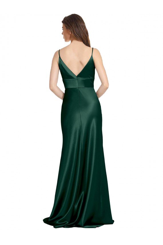 High V-Neck Long Full Length Sheath Stretch Satin Formal Dress