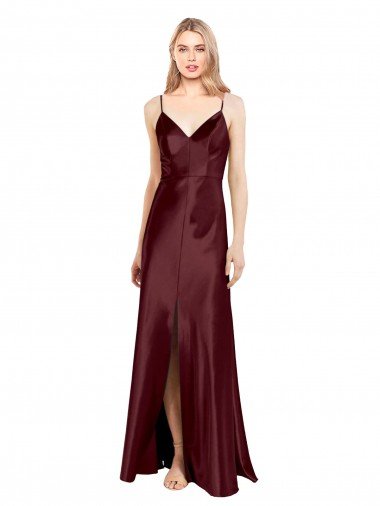 Shop Sleek Spaghetti Straps V-Neck Stretch Satin Formal Dress with Center Front Slit