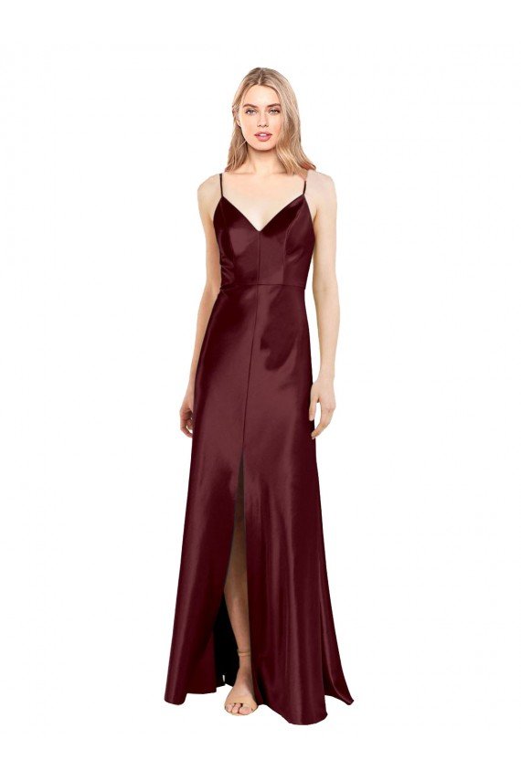 Sleek Spaghetti Straps V-Neck Stretch Satin Formal Dress with Center Front Slit