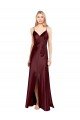 Sleek Spaghetti Straps V-Neck Stretch Satin Formal Dress with Center Front Slit