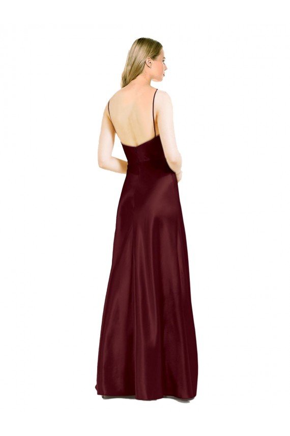 Sleek Spaghetti Straps V-Neck Stretch Satin Formal Dress with Center Front Slit