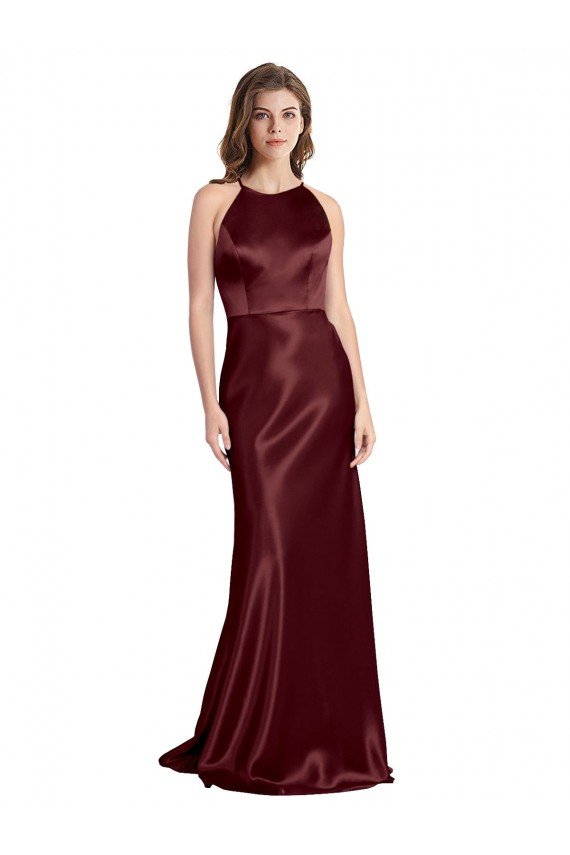 High Neck Halter Long Sleeveless Stretch Satin Formal Dress with Strappy Back
