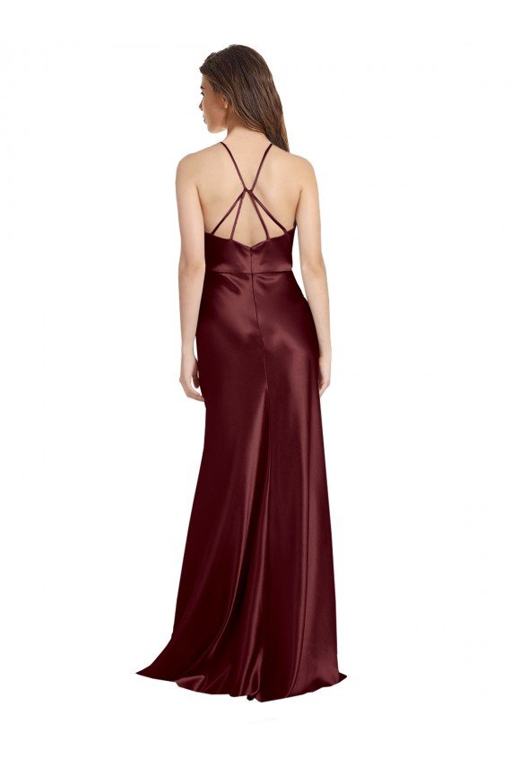 High Neck Halter Long Sleeveless Stretch Satin Formal Dress with Strappy Back