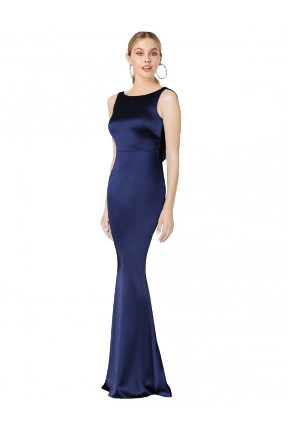 Sheath High Neck Stretch Satin Formal Dress Low Back
