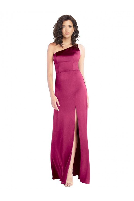 Sleek One Shoulder A-Line Long Stretch Satin Formal Dress with Spaghetti Straps Back