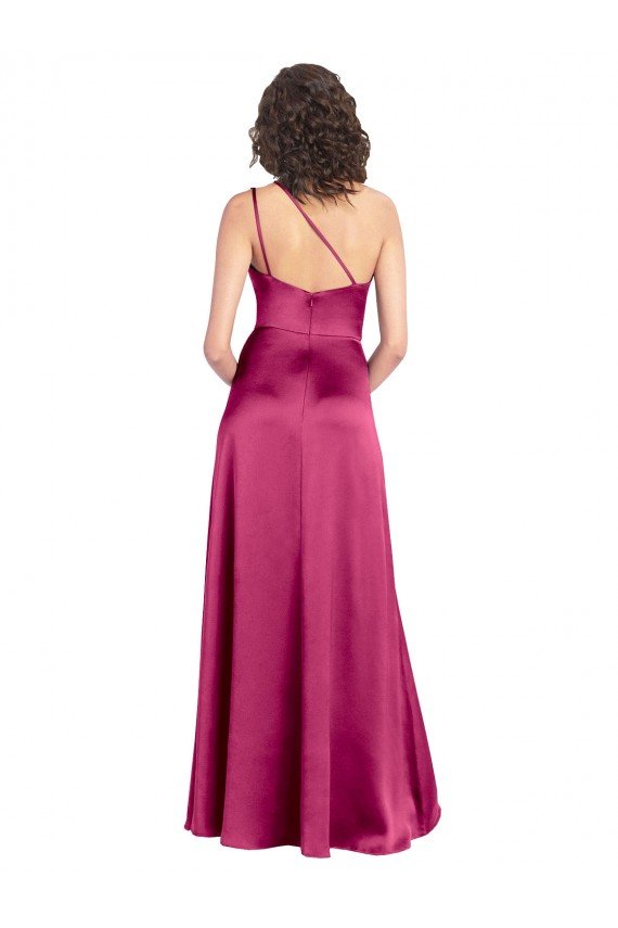 Sleek One Shoulder A-Line Long Stretch Satin Formal Dress with Spaghetti Straps Back