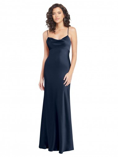 Shop Cowl Neck Long Empire Waist Stretch Satin Formal Dress with Open Back