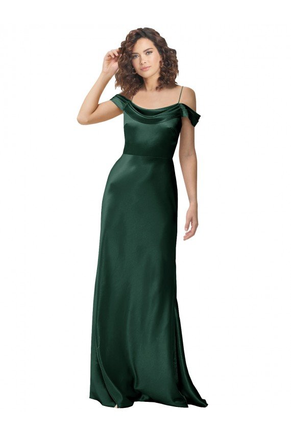 Off the Shoulder Sleeves Long Stretch Satin Formal Dress with Pleated Draped Neckline