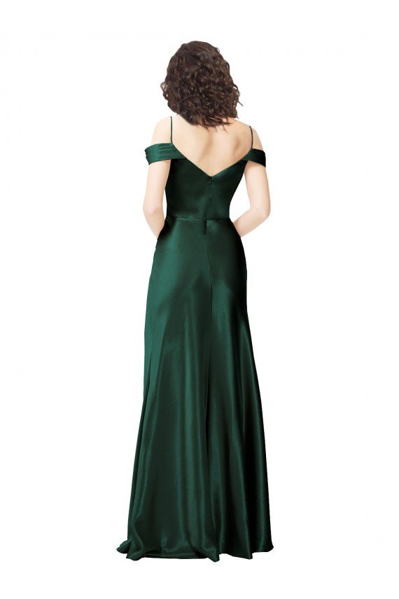 Off the Shoulder Sleeves Long Stretch Satin Formal Dress with Pleated Draped Neckline