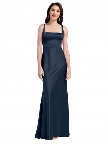 Shop Square Neck A-Line Long Stretch Satin Formal Dress with Wide Straps
