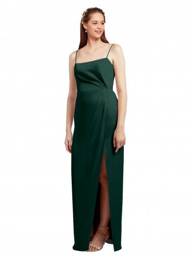 Shop Sleek Straight Neckline Long Wrap Stretch Satin Formal Dress with Angled Pleats