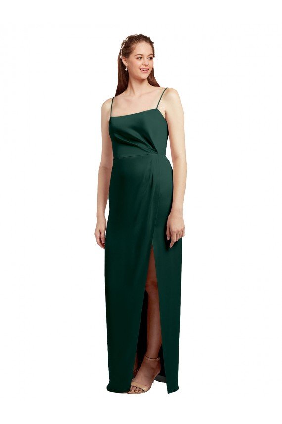 Sleek Straight Neckline Long Wrap Stretch Satin Formal Dress with Angled Pleats