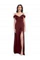 Draped Off the Shoulder Sleeves Slim A-Line Stretch Satin Formal Dress with Side Slit