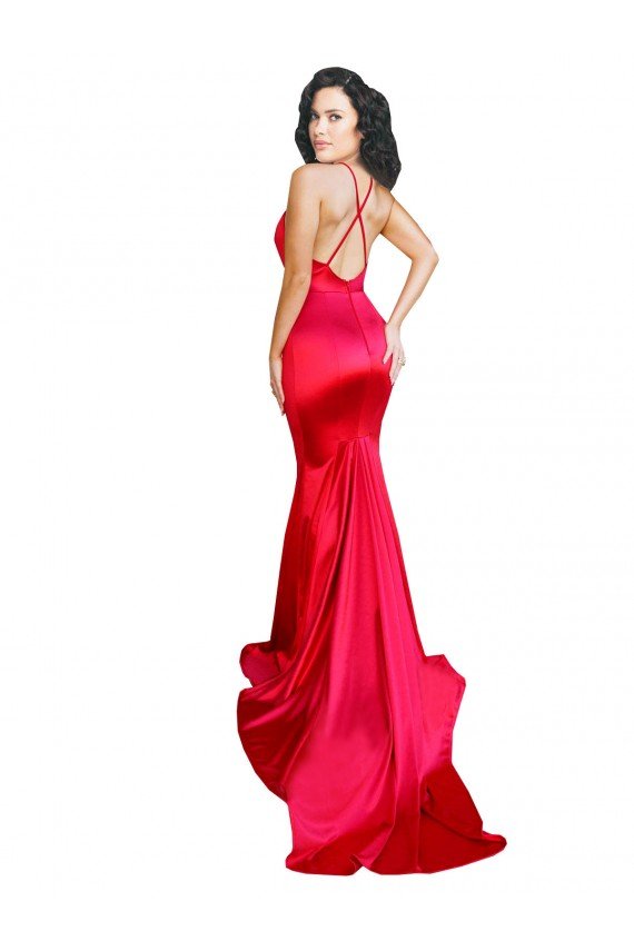 Mermaid Open Back Long Stretch Satin Formal Dress with High Slit