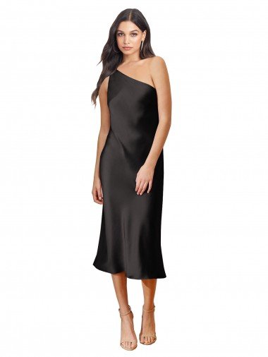 Shop Sleek One Shoulder Midi Length Short Stretch Satin Slip Cocktail Formal Dress