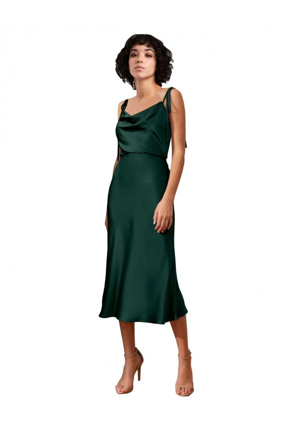 Spaghetti Straps Tie Shoulders Cowl Neck Short Midi Length Stretch Satin Cocktail Formal Dress