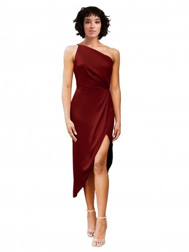 Shop One Shoulder Midi Length Short Stretch Satin Wrap Style Cocktail Formal Dress