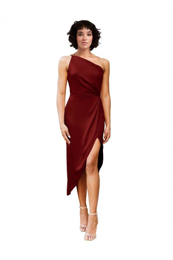 One Shoulder Midi Length Short Stretch Satin Wrap Style Cocktail Formal Dress