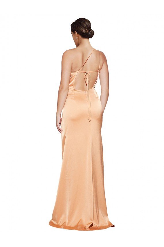 One Shoulder Ruched Stretch Satin Formal Dress with Thigh High Split