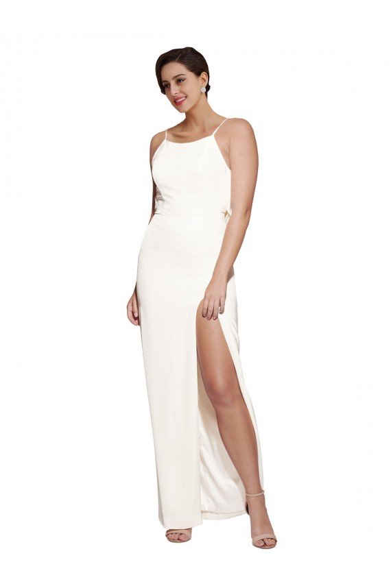 High Neck Stretch Satin Formal Dress with Low Back and Side Slit