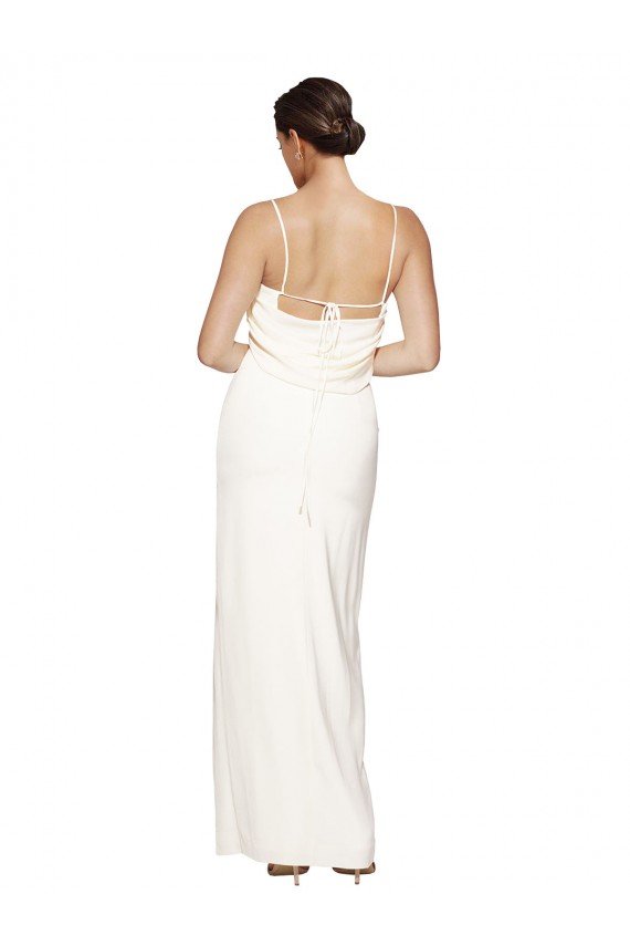 High Neck Stretch Satin Formal Dress with Low Back and Side Slit