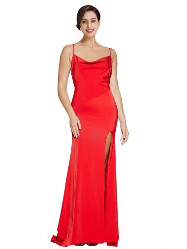 Shop Low Back Cowl Neck Stretch Satin Formal Dress with High Side Slit