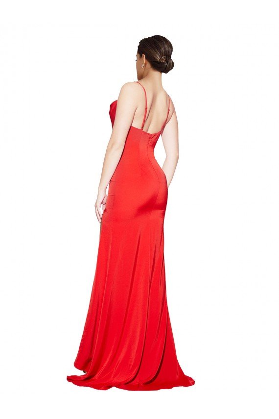 Low Back Cowl Neck Stretch Satin Formal Dress with High Side Slit