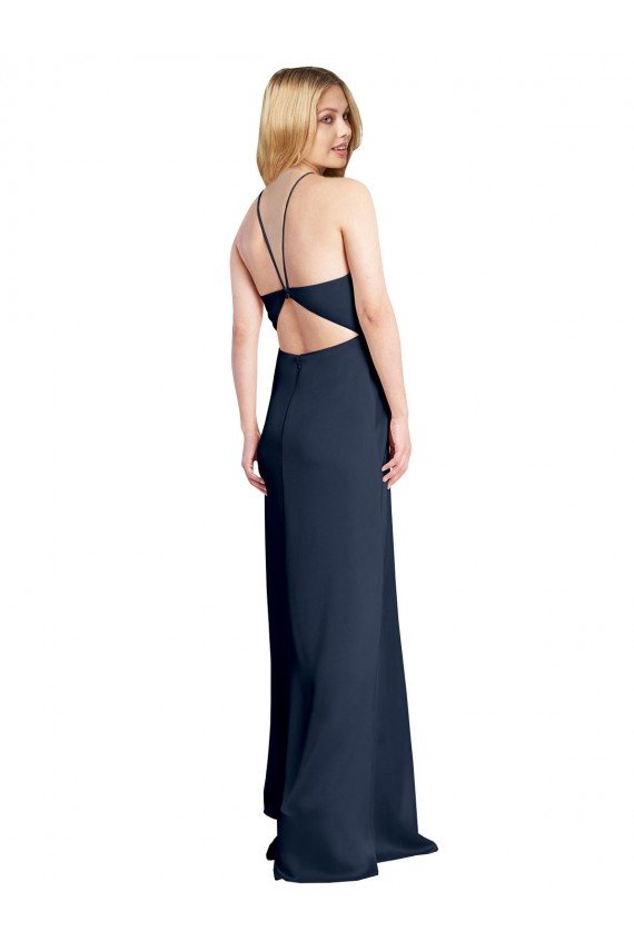 Halter Neckline Long Stretch Satin Formal Dress with Strappy Back and Side Slit
