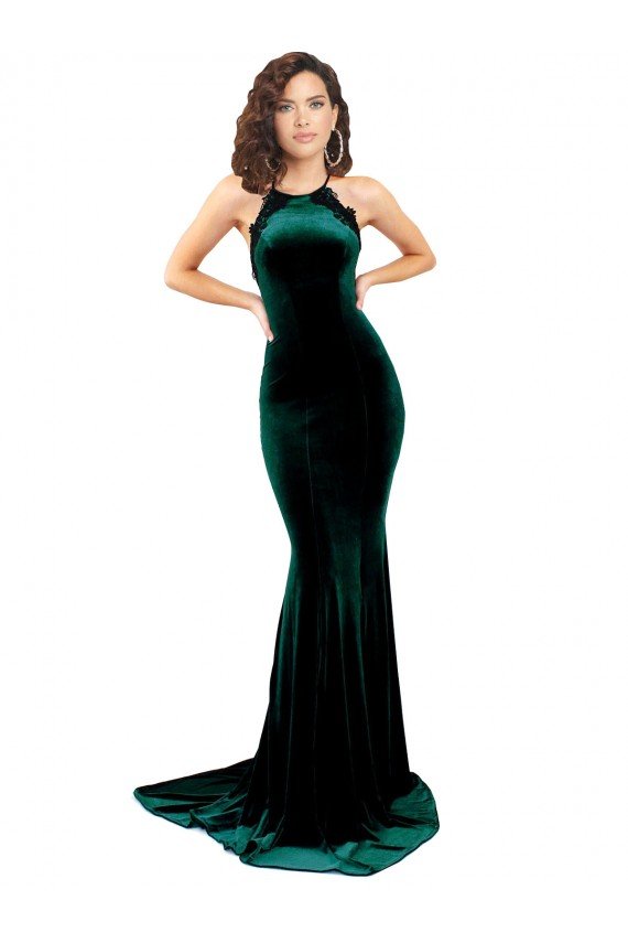 High Neck Stretch Velvet Formal Dress with Black Lace Embroidery