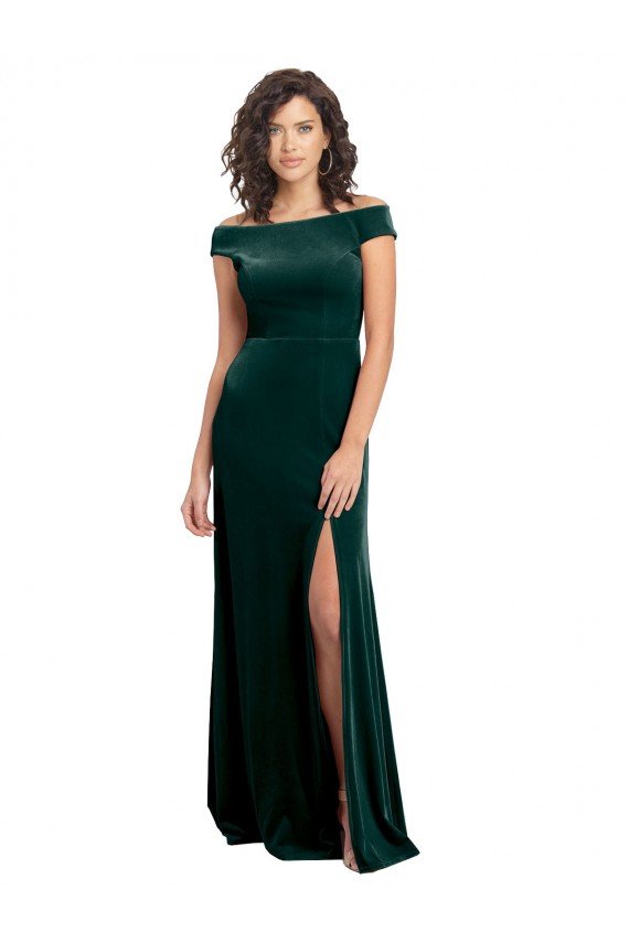 Floor Length Cap Sleeves Long Velvet Formal Dress with High Side Slit
