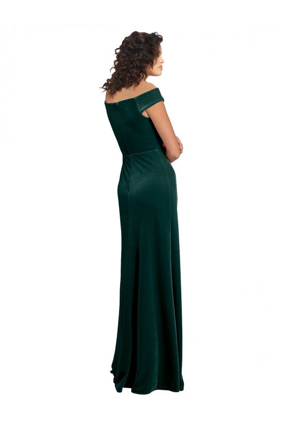 Floor Length Cap Sleeves Long Velvet Formal Dress with High Side Slit
