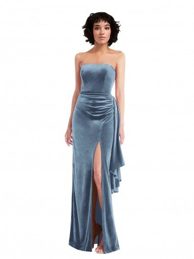 Shop Strapless Velvet Maxi Formal Dress with Draped Skirt