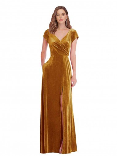Shop Cap Sleeve Faux Wrap Velvet Maxi Formal Dress with Pockets