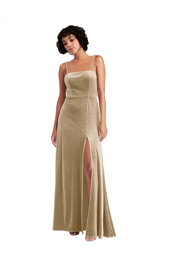 Square Neck Velvet Maxi Formal Dress with Front Slit & Pocket
