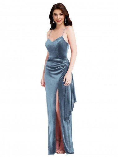 Shop Spaghetti Strap Velvet Maxi Formal Dress with Draped Skirt