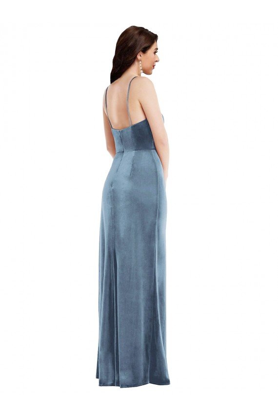 Spaghetti Strap Velvet Maxi Formal Dress with Draped Skirt