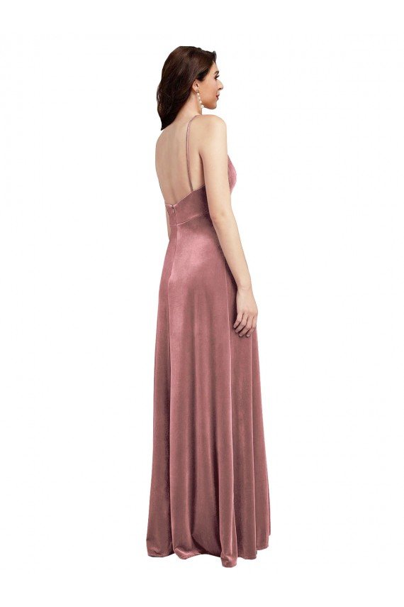 Low Scoop Back Long V-Neck Velvet Semi Formal Dress
