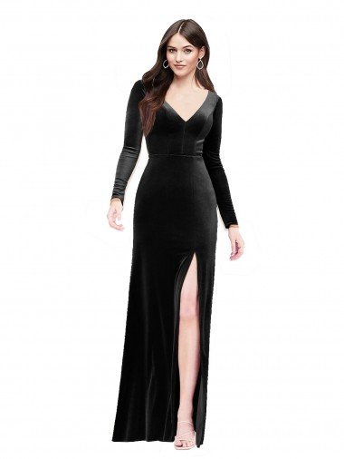 Shop Long Sleeves Velvet Formal Dress with V-Neckline and Thigh Slit