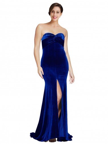 Shop Strapless Ruched Velvet Formal Dress with Sweep Train and Front Slit