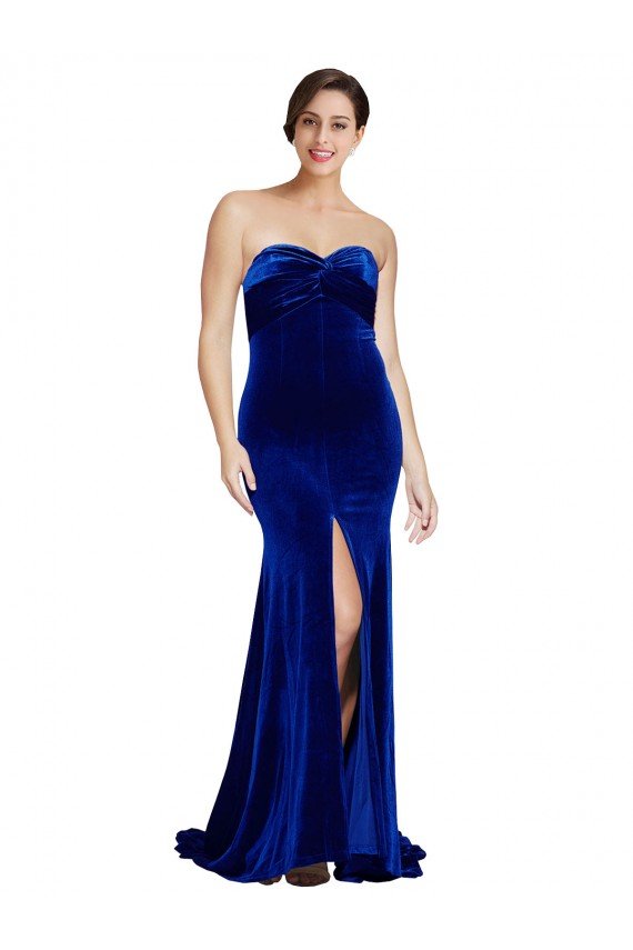 Strapless Ruched Velvet Formal Dress with Sweep Train and Front Slit