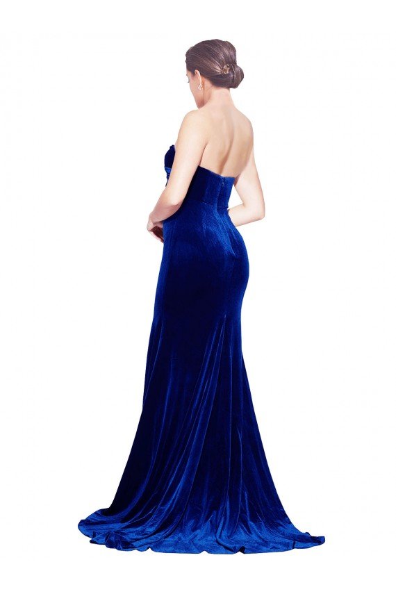 Strapless Ruched Velvet Formal Dress with Sweep Train and Front Slit