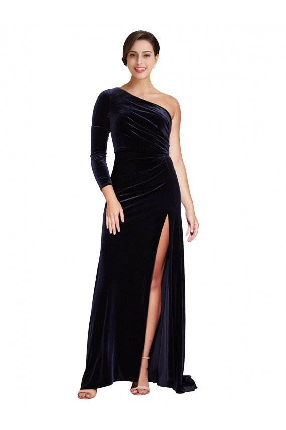 One Sleeve Long Velvet Formal Dress with Thigh High Split