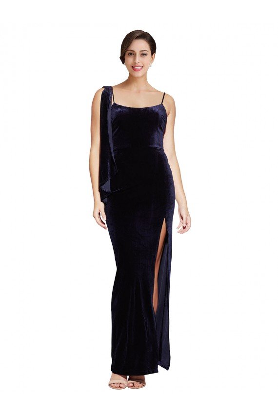 Long Velvet Formal Dress with Side Thigh Split and Shoulder Tie