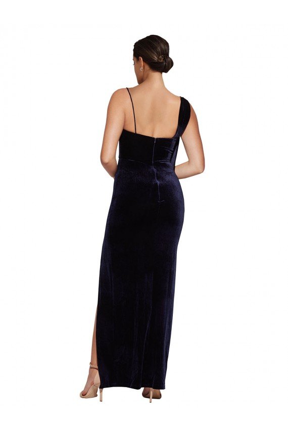 Long Velvet Formal Dress with Side Thigh Split and Shoulder Tie